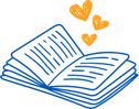 a blue book open with hearts coming out of the book seam